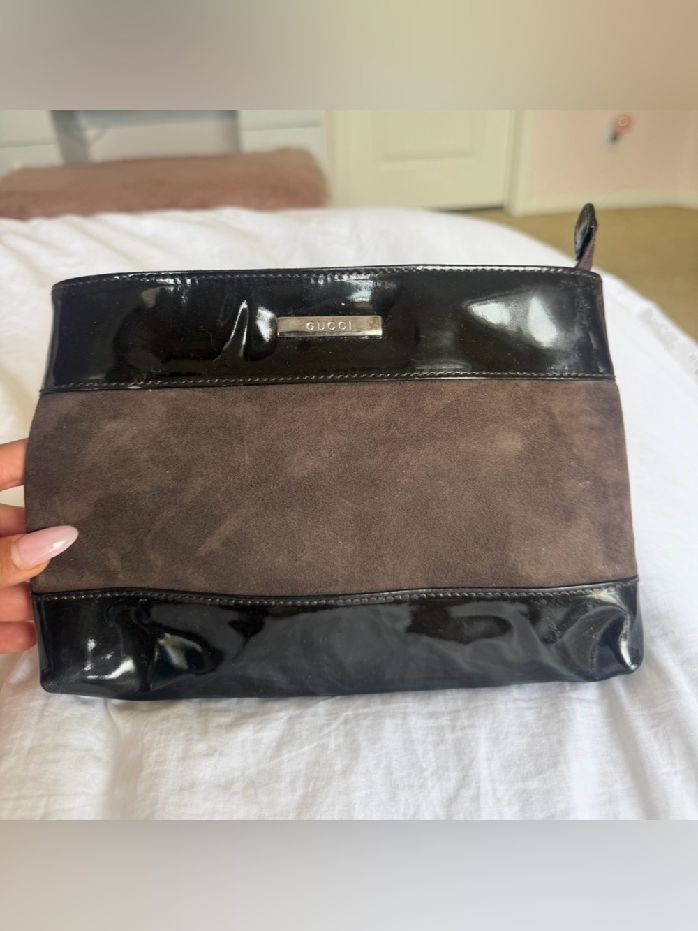 Gucci Black Patent Leather and Brown Suede  Toiletry Pouch
